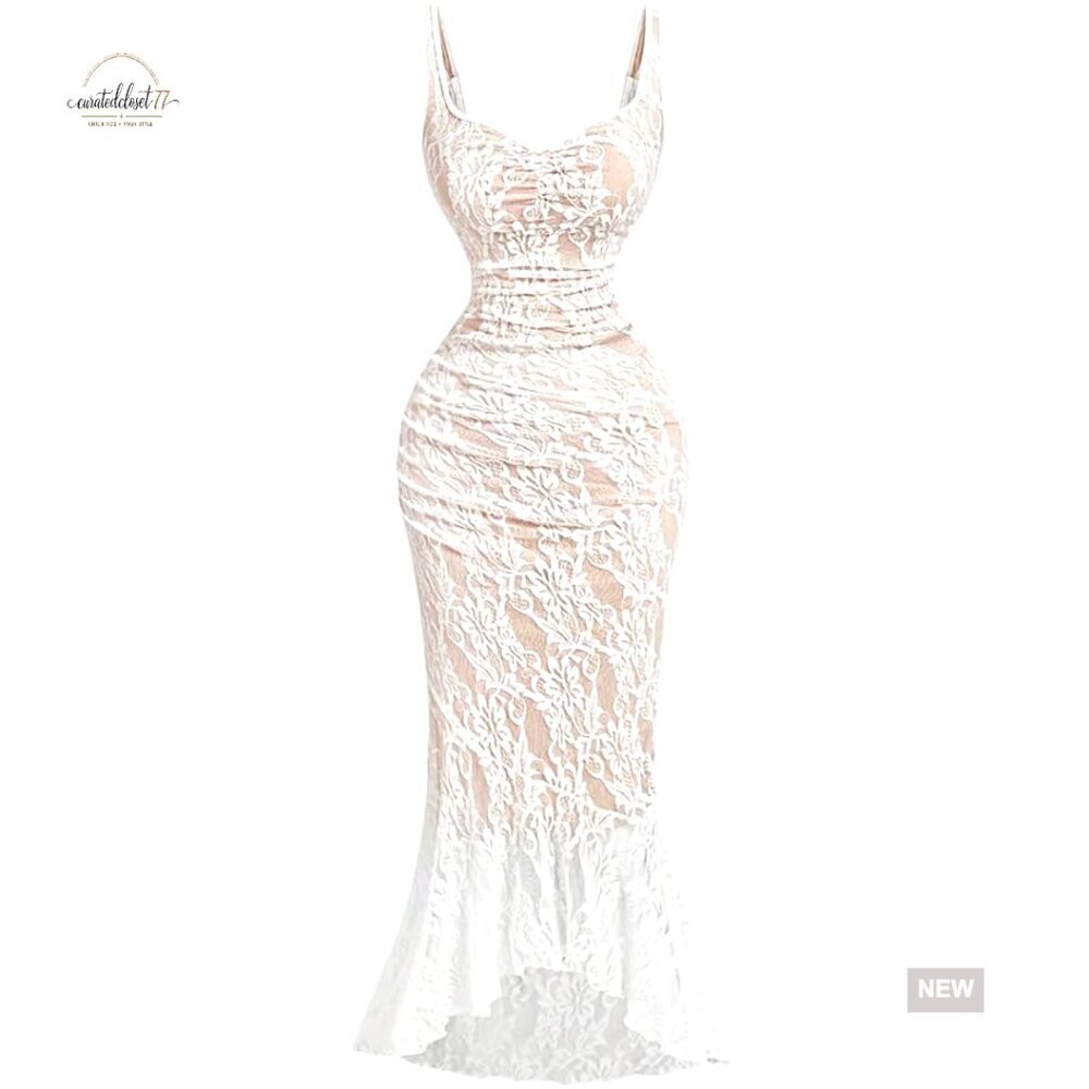 Lace Bodycon Fishtail Midi Dress Ruched Sweetheart Neck Maxi Prom Wedding Guest